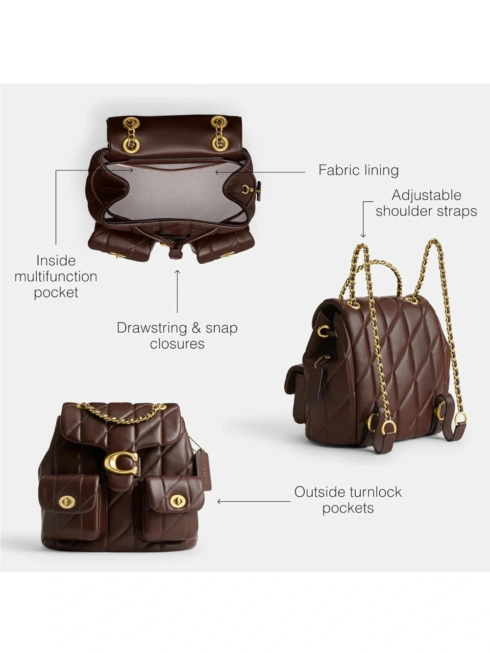 Coach Quilted Chocolate Brown Leather Backpack with Gold Hardware